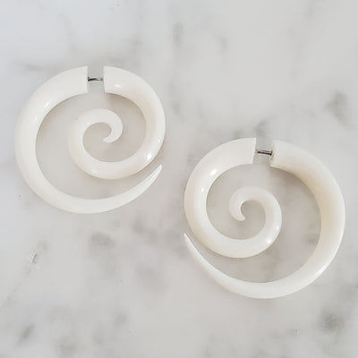 1.25" Spiral Hoop Fake Gauge Earrings Carved Black Horn Split Plug Gift