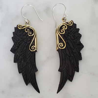 Carved Black Angel Wings Earrings .925 Sterling Silver Hook