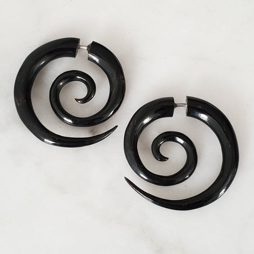 Black Split Spiral Hoop Fake Gauge Earrings Carved in Bali
