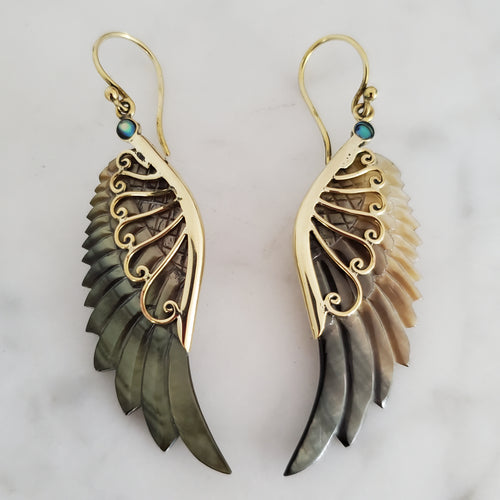 Carved Gray Shell Wing Earrings Bali with 925 Ear Wire