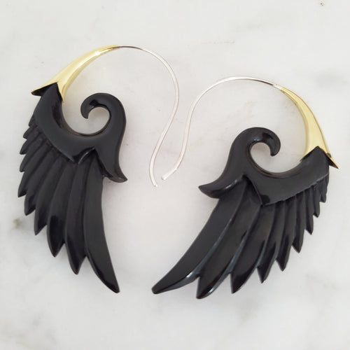 Carved Black Wing Earrings on .925 Sterling Silver Hook