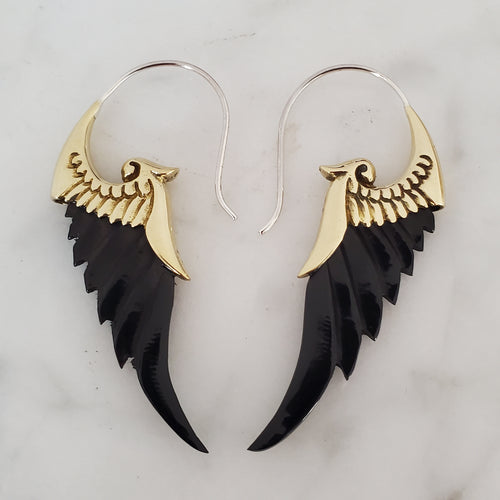 Black Carved Angel Wing Earrings .925 Sterling Silver Hook