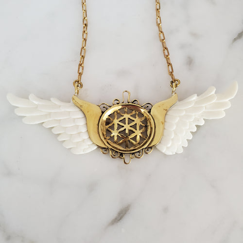 Flower of Life Mystical Pendant with Carved Bone Angel Wings
