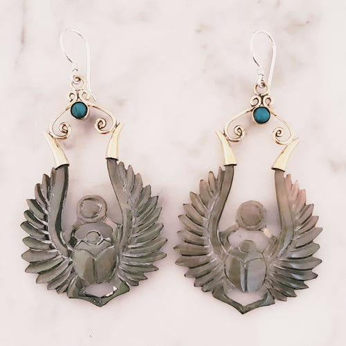 Scarab Earrings Carved Shell with .925 Sterling Silver Hook