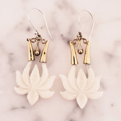 White Lotus Chandelier Earrings Hand Carved in Bali
