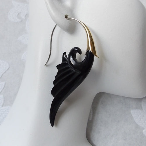 Carved Black Horn Earrings Boho Chic Wings from Bali Jewelry