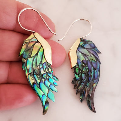 Carved Abalone Shell Wing Earrings .925 Sterling Silver Hook Boho Chic