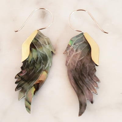 Carved Abalone Shell Wing Earrings .925 Sterling Silver Hook Boho Chic