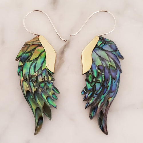Carved Abalone Shell Wing Earrings .925 Sterling Silver Hook Boho Chic