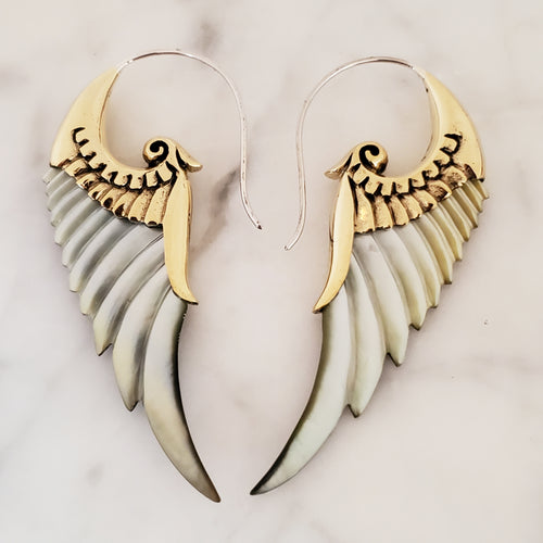 Gray Shell Angel Wing Earrings .925 Sterling Silver Hook