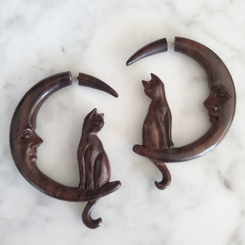 Cat on Moon Fake Gauge Carved Wood Earrings Split Plug