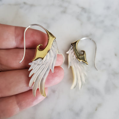 Carved Shell Angel Wing Earrings .925 Sterling Silver Hook