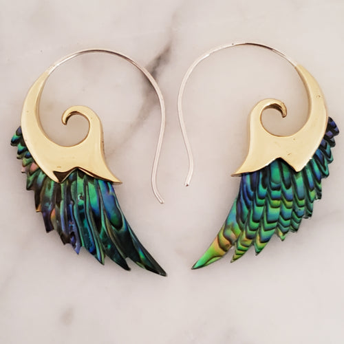 Carved Abalone Shell Wing Earrings with .925 Sterling Silver Hook