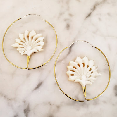 Floral Carved Shell Hoop Earrings Boho Chic Statement