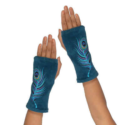 Peacock Feather Embroidered Cotton Velvet Handwarmers