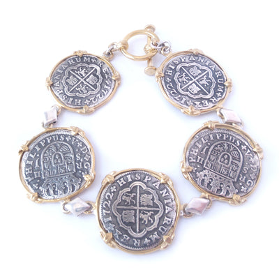 Pieces of 8 Reproduction Coin Bracelet .925 Solid Sterling Silver 14kt GF Border