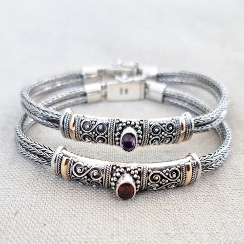Gemstone .925 Sterling Silver Bracelet with 14kt Gold Inlay from Bali