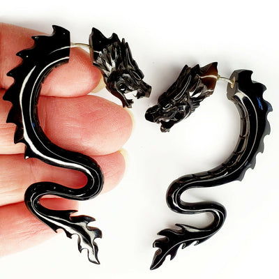Black Dragon Fake Gauge Earrings Split Plug Gothic Costume Jewelry Gift