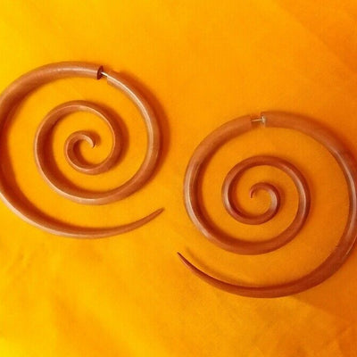Large Spiral Double Sided Split Gauge Jacket Earrings Tribal Wood Jewelry Gift