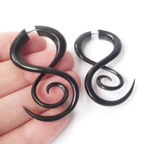 Spiral Twist Split Gauge Earrings Carved Black Horn Boho Jewelry Gift Gothic