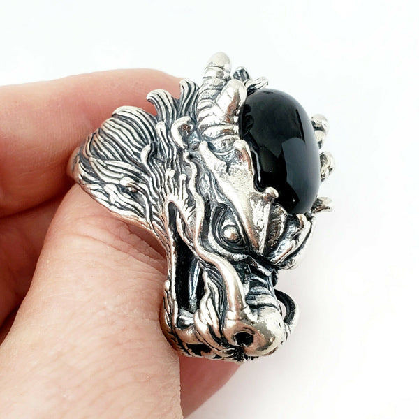 Sz 13 Onyx Dragon .925 Solid Sterling Silver Mens Gemstone Ring