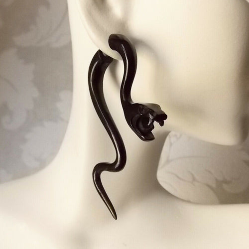 Snake Fake Gauge Earrings Gothic Serpent Halloween Jewelry Carved Black Cow Horn