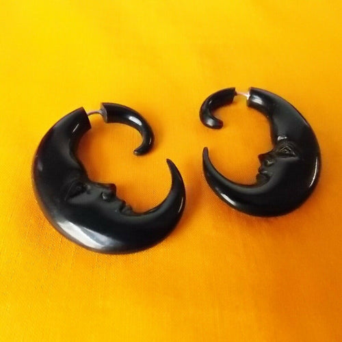 Carved Black Crescent Moon Split Gauge Double Sided Jacket Earrings Jewelry Gift