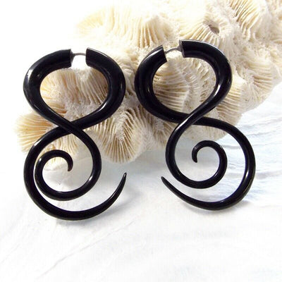Spiral Twist Split Gauge Earrings Carved Black Horn Boho Jewelry Gift Gothic
