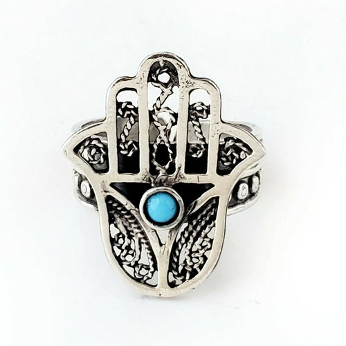 Sz 8-10 Hamsa Ring 925 Sterling Silver Hand of Fatima Khamsa Protection Gift