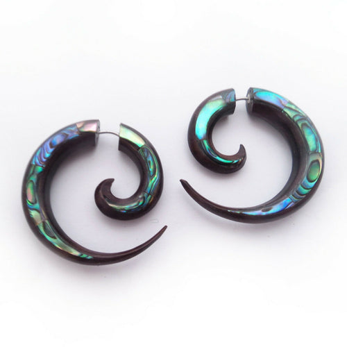 Hoop Split Gauge Earrings w Abalone Inlay Faux Plug Bohemian Boho Chic Jewelry