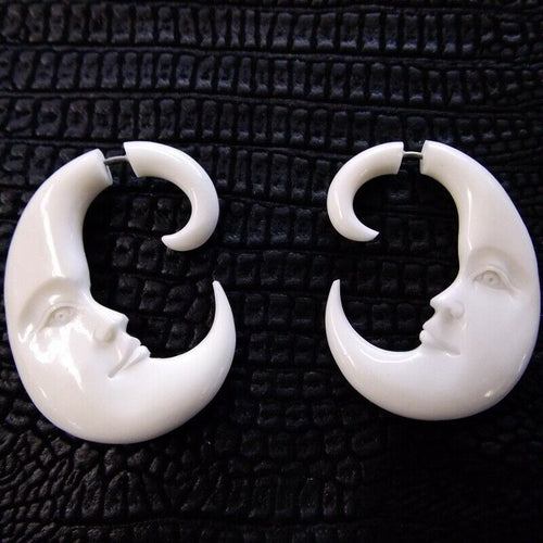 Carved White Crescent Moon Split Gauge Double Sided Jacket Earrings