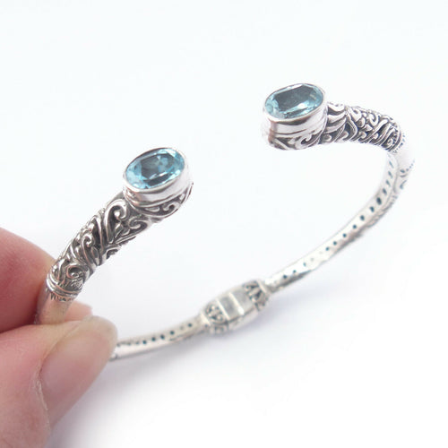 Blue Topaz Bracelet Solid .925 Sterling Bali Silver Filigree Cuff Jewelry Gift