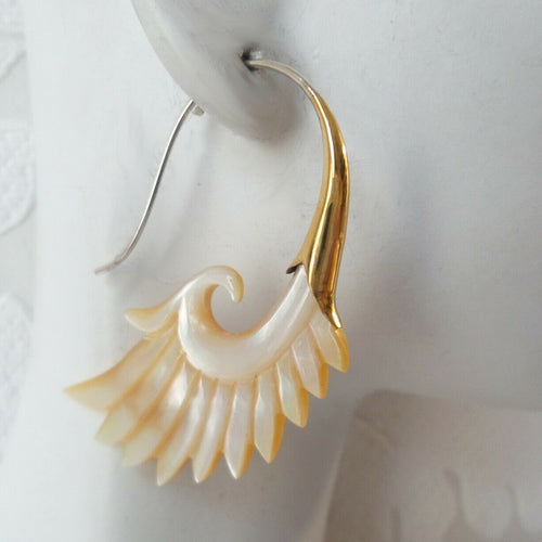 Carved Shell Wing Earrings on .925 Sterling Silver Hook Boho Chic Jewelry Gift
