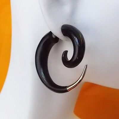 Spiral Silver Tip Fake Gauge Earrings Carved Black Horn Split Plug Gift