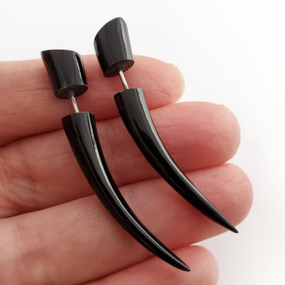 2" Carved Black Taper Fake Gauge Earrings Split Plug Tribal Jewelry