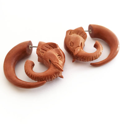 Carved Wood Elephant Boho Hoop Fake Gauge Earrings
