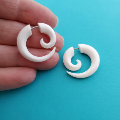 Mini White Spiral Double Sided Split Gauge Jacket Earrings