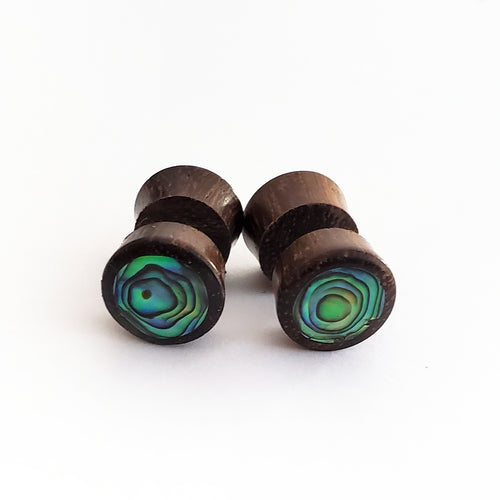 Fake Plug Earrings Abalone Inlay Split Gauge Boho Organic Jewelry