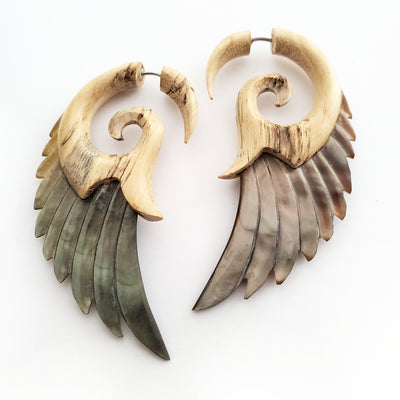 Carved Angel Wings Fake Gauge Earrings Boho Wood and Shell