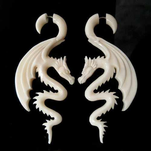 Carved White Dragon Split Gauge Bali Earrings
