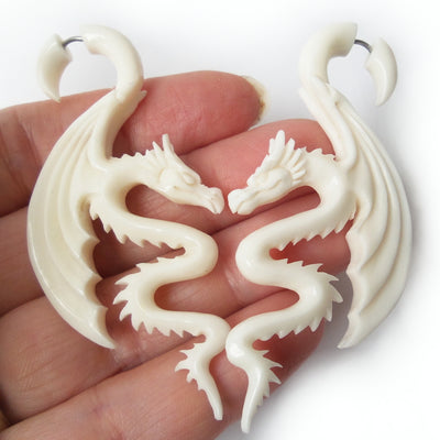 Carved White Dragon Split Gauge Bali Earrings