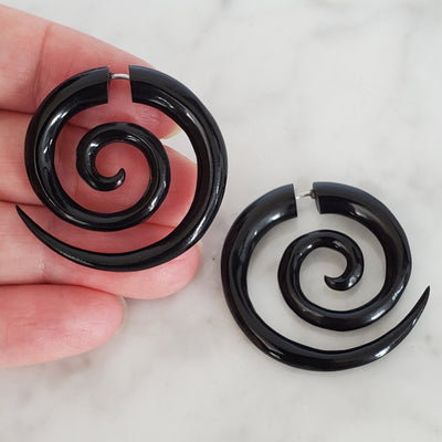 1.25" Spiral Hoop Fake Gauge Earrings Carved Black Horn Split Plug Gift