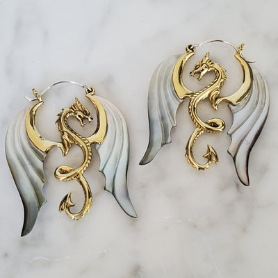 Dragon Carved Shell Earrings .925 Sterling Silver Hook