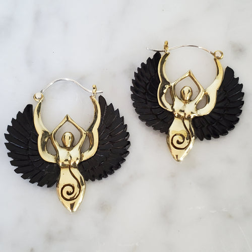 Goddess Carved Black Horn Earrings .925 Sterling Silver Hook