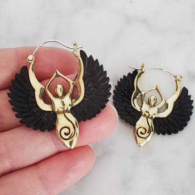 Goddess Carved Black Horn Earrings .925 Sterling Silver Hook