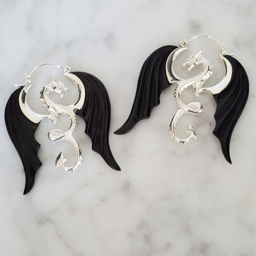 Dragon Carved Black Horn Earrings .925 Sterling Silver Hook