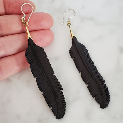 Carved Black Feather Earrings .925 Sterling Silver Hook