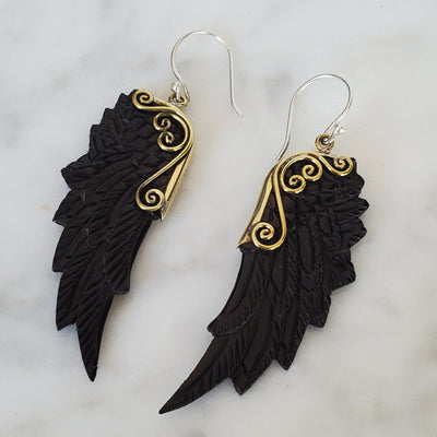 Carved Black Angel Wings Earrings .925 Sterling Silver Hook