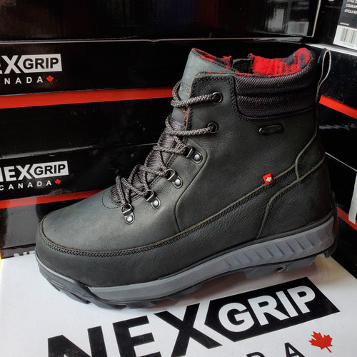 NexGrip Stone Black Leather Waterproof Mens Snow Boot with Retractable Ice Cleats NEXX