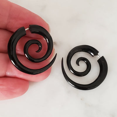 Black Split Spiral Hoop Fake Gauge Earrings Carved in Bali